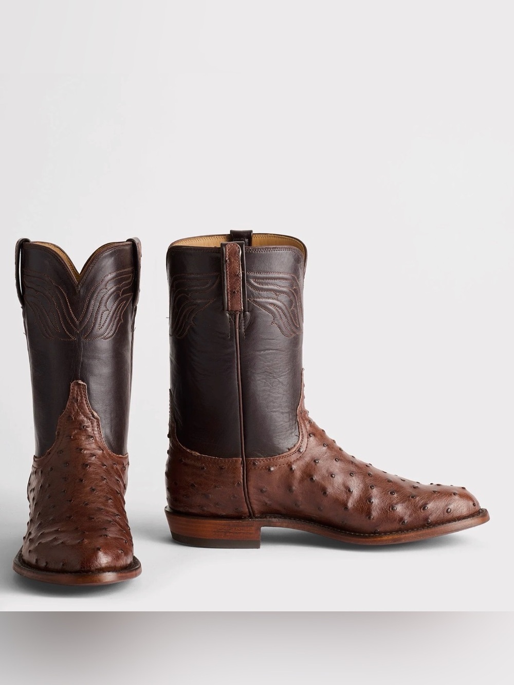 Lucchese Two-Tone Augustus Ostrich Boots (Sienna + Dark Brown)